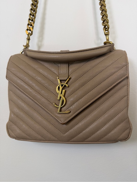 Saint Laurent Handbags - 100% AUTH YSL Saint Laurent Dark Beige Sheepskin Matelassé Chevron College Bag